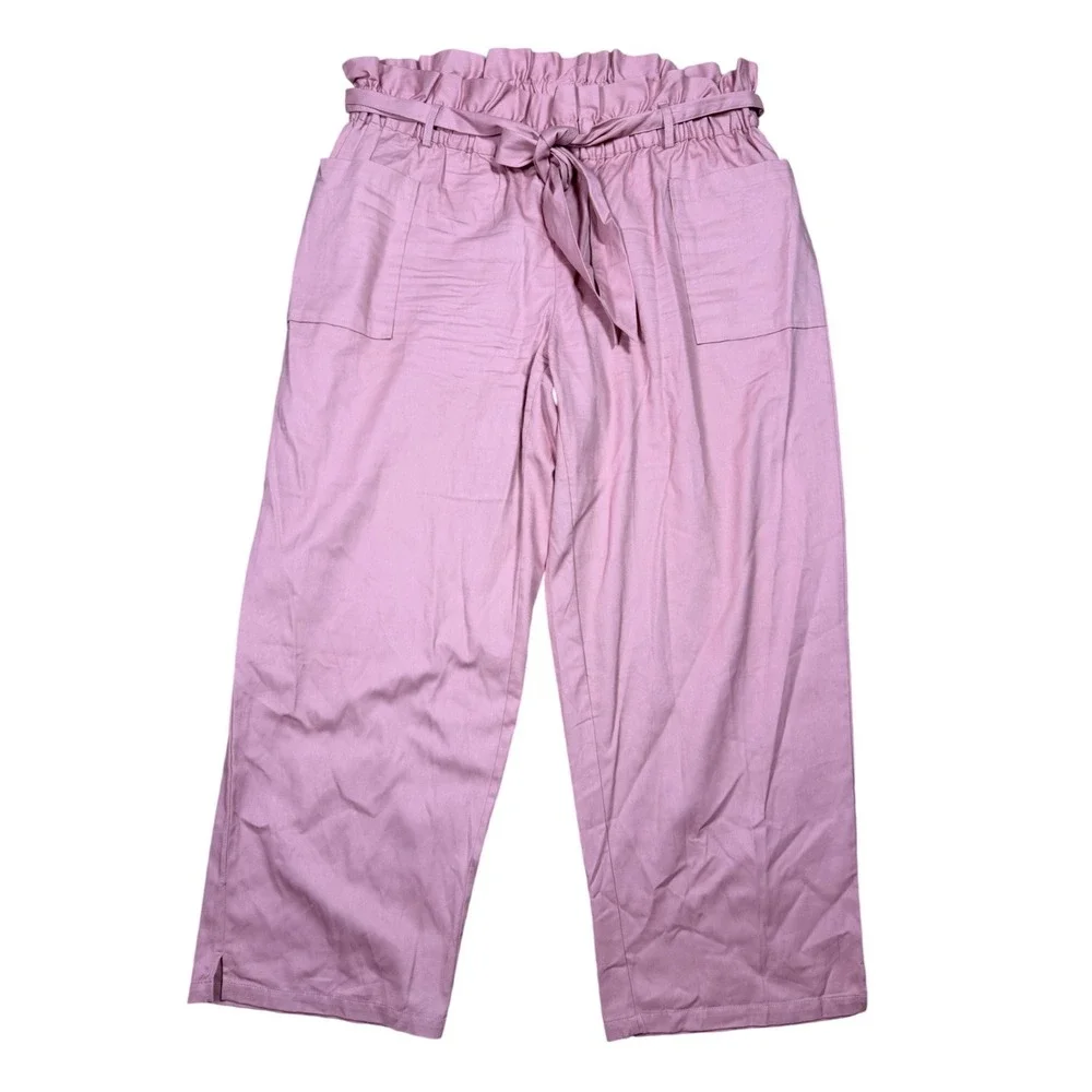 Ashley Stewart Wide Leg Pants Women 20 Pink Paperbag Waist Cotton Tie Belt Slit